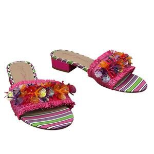 Betsey Johnson Peyton Raffia Mules Sandals Womens 8.5 Pink Beaded Embellishment